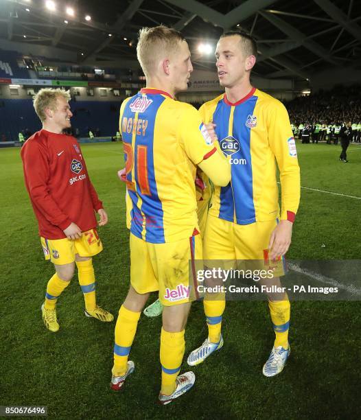 Crystal Palace's Dean Moxey and Aaron Wilbraham celebrate after the final whistle