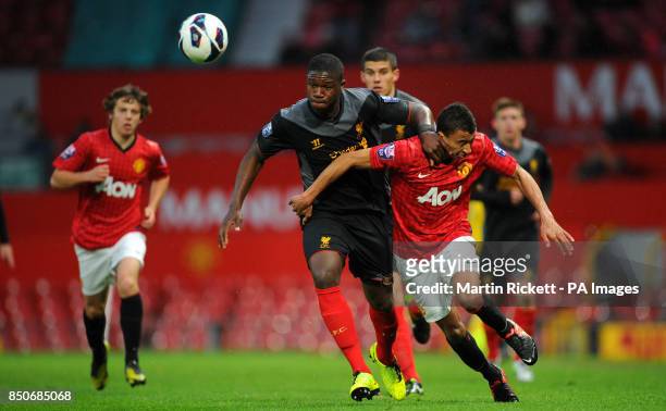 Manchester United's Jesse Lingard battles for the ball with Liverpool's Stephen Sama, during the Barclays Under-21 Premier League, Semi Final at Old...