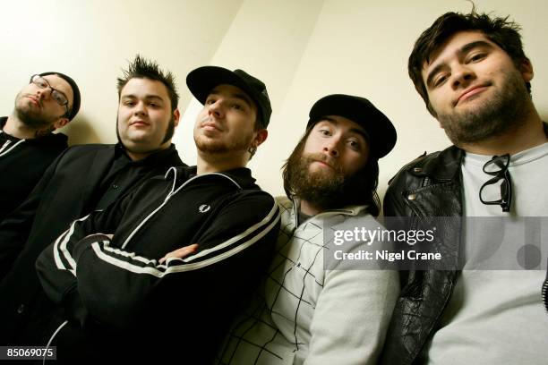 Photo of ALEXISONFIRE, Posed group portrait - L-R Dallas Green, Wade MacNeil, Chris Steele, Jordan Hastings and George Pettit