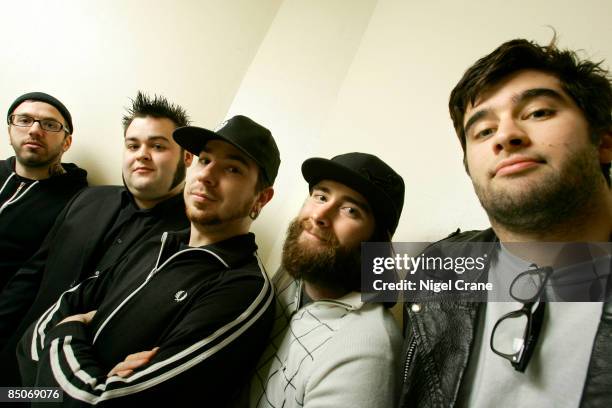 Photo of ALEXISONFIRE, Posed group portrait - L-R Dallas Green, Wade MacNeil, Chris Steele, Jordan Hastings and George Pettit