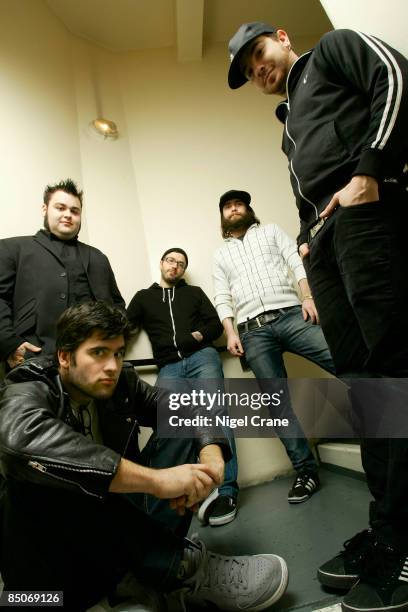 Photo of ALEXISONFIRE, Posed group portrait - L-R George Pettit, Wade MacNeil, Dallas Green, Jordan Hastings and Chris Steele