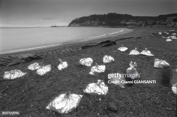 Nettoyage de la plage après une marée noire près de Gênes en février 1988, Italie.