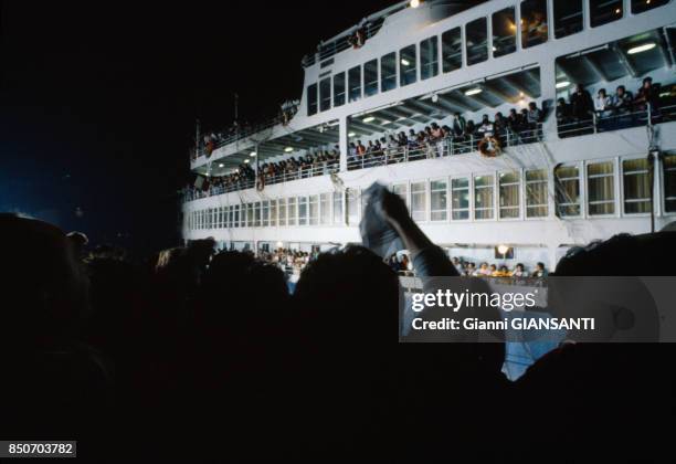 Achille Lauro rentre à Gênes après son détournement par des terroristes du Front de libération de la Palestine, le 16 octobre 1985, Italie.