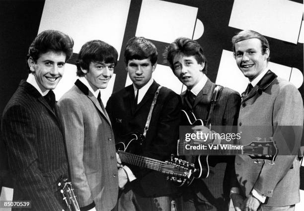 English group The Hollies posed on Ready Steady Go! TV show in London on 15th May 1964. L-R Graham Nash, Allan Clarke, Eric Haydock, Tony Hicks and...