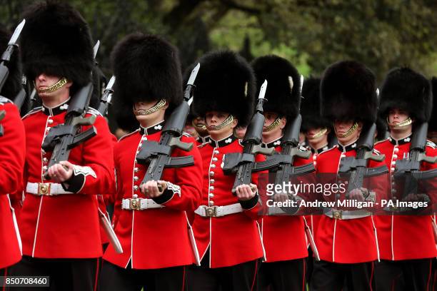 Soldiers from the The Grenadier Guards rehearse at the Palace of Holyrood House in Edinburgh for the arrival of the Lord High Commissioner tomorrow.