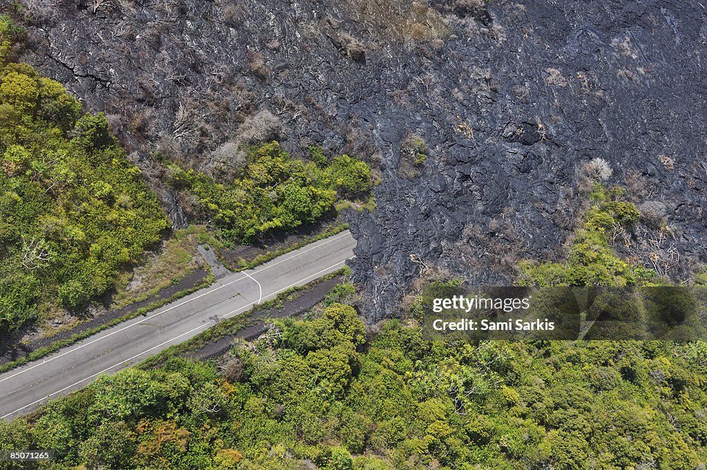 Lava covering a highway, aerial view