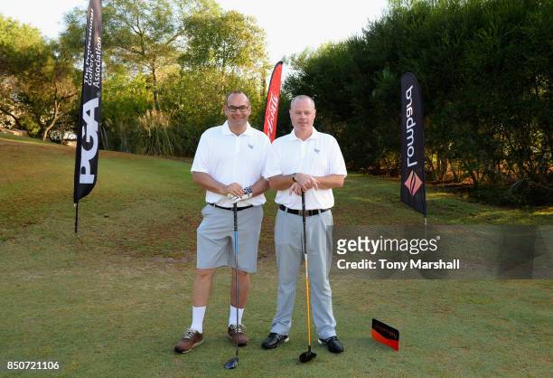 Simon Matthews of Low Laithes Golf Club and Adrian Ambler of Low Laithes Golf Club pose on the 1st tee during The Lombard Trophy Final - Day One on...