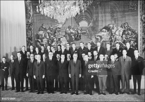 President of the Republic Georges Pompidou and his Prime Minister Jacques Chaban-Delmas , pose, June 23, 1969 at the Elysee Palace, with members of...