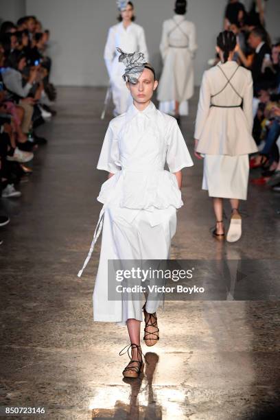 Model walks the runway at the Lucio Vanotti show during Milan Fashion Week Spring/Summer 2018 on September 21, 2017 in Milan, Italy.