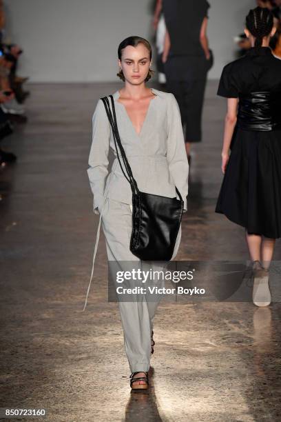 Model walks the runway at the Lucio Vanotti show during Milan Fashion Week Spring/Summer 2018 on September 21, 2017 in Milan, Italy.