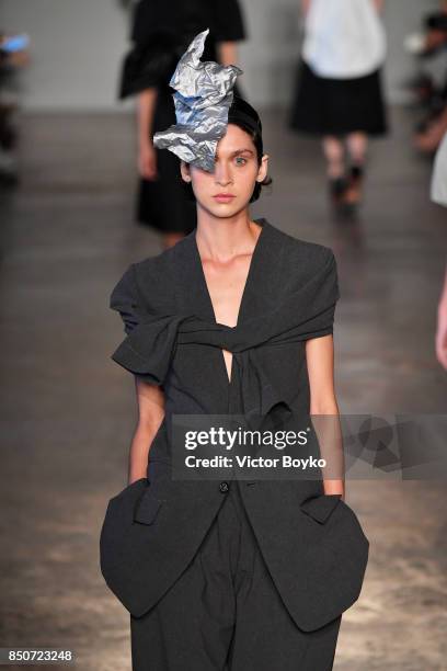 Model walks the runway at the Lucio Vanotti show during Milan Fashion Week Spring/Summer 2018 on September 21, 2017 in Milan, Italy.