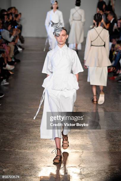 Model walks the runway at the Lucio Vanotti show during Milan Fashion Week Spring/Summer 2018 on September 21, 2017 in Milan, Italy.