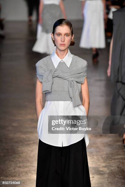 Model walks the runway at the Lucio Vanotti show during Milan Fashion Week Spring/Summer 2018 on September 21, 2017 in Milan, Italy.