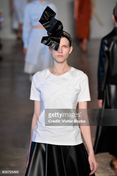 Model walks the runway at the Lucio Vanotti show during Milan Fashion Week Spring/Summer 2018 on September 21, 2017 in Milan, Italy.