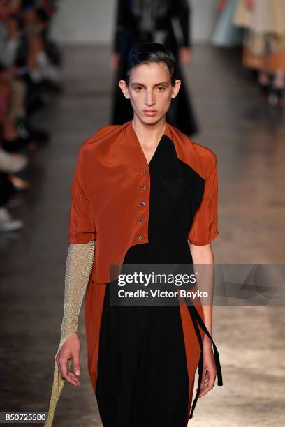 Model walks the runway at the Lucio Vanotti show during Milan Fashion Week Spring/Summer 2018 on September 21, 2017 in Milan, Italy.