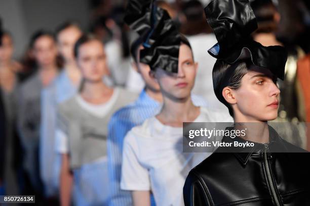 Models walk the runway at the Lucio Vanotti show during Milan Fashion Week Spring/Summer 2018 on September 21, 2017 in Milan, Italy.