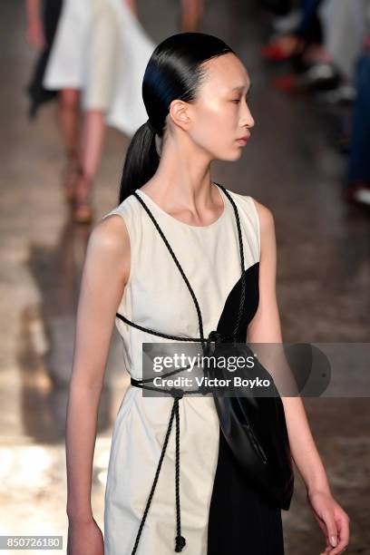 Model walks the runway at the Lucio Vanotti show during Milan Fashion Week Spring/Summer 2018 on September 21, 2017 in Milan, Italy.