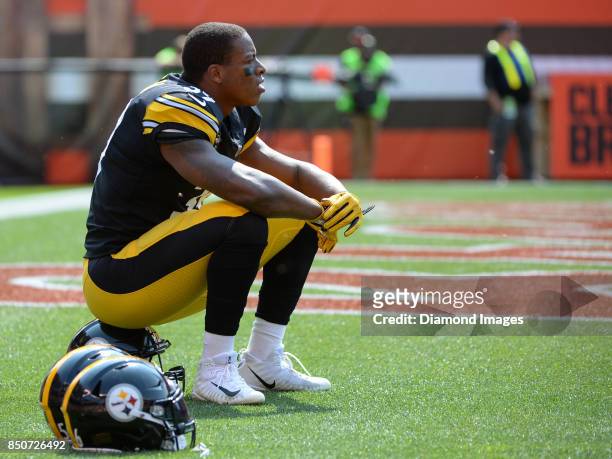 Running back Terrell Watson of the Pittsburgh Steelers sits in the endzone prior to a game on September 10, 2017 against the Cleveland Browns at...