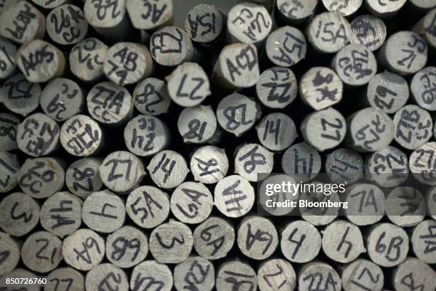 Metal samples sit stacked on a shelf at the Lite Metals Co. Foundry in Ravenna, Ohio, U.S., on Wednesday, Sept. 20, 2017. The Lite Metals Co. Is a...