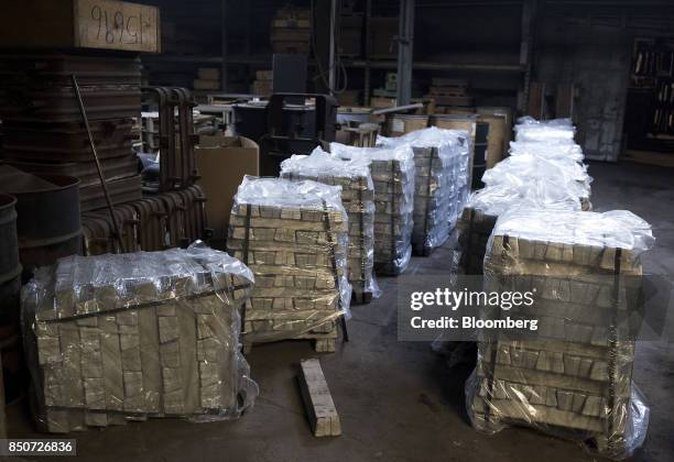 Bars of magnesium sit on pallets at the Lite Metals Co. Foundry in Ravenna, Ohio, U.S., on Wednesday, Sept. 20, 2017. The Lite Metals Co. Is a...