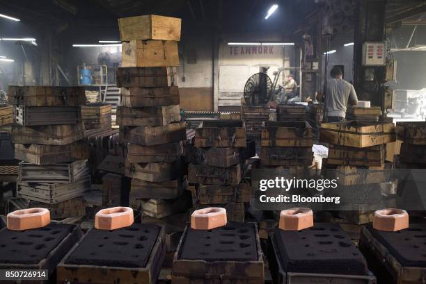 Molds sit on platforms at the Lite Metals Co. Foundry in Ravenna, Ohio, U.S., on Wednesday, Sept. 20, 2017. The Lite Metals Co. Is a magnesium and...