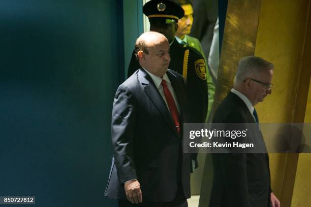 Yemen's President Abdrabuh Mansour Hadi Mansour arrives to address the U.N. General Assembly at the United Nations on September 21, 2017 in New York...