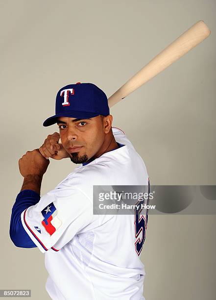 Nelson Cruz of the Texas Rangers poses during photo day at Surprise Stadium on February 24, 2009 in Surprise, Arizona.