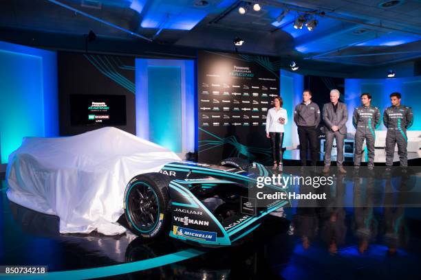 In this handout photo provided by Jaguar Racing, The new Jaguar Racing I-TYPE 2 Formula E car is unveiled during the Panasonic Jaguar Racing...