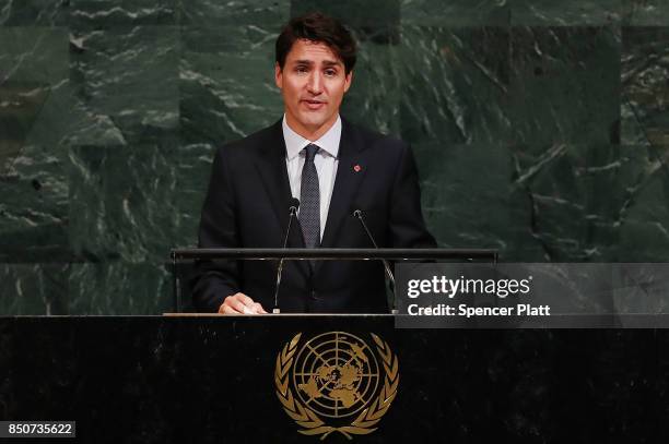 Canadian Prime Minister Justin Trudeau speaks to world leaders at the 72nd United Nations General Assembly at UN headquarters on September 21, 2017...