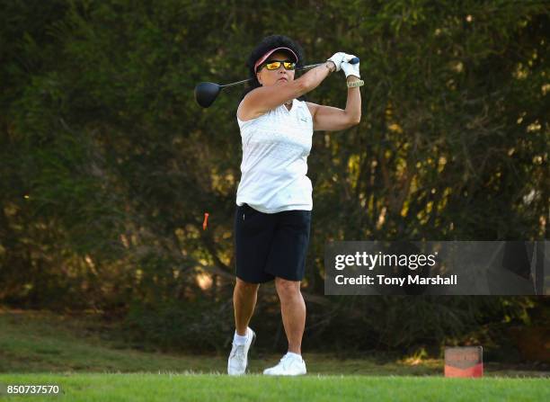Doreen Hesketh of Ormskirk Golf Club plays her first shot on the 1st tee during The WPGA Lombard Trophy Final - Day One on September 21, 2017 in...