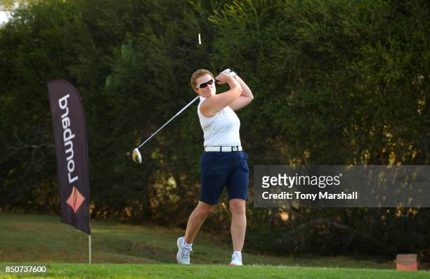 Alison Gray of Ormskirk Golf Club plays her first shot on the 1st tee during The WPGA Lombard Trophy Final - Day One on September 21, 2017 in...