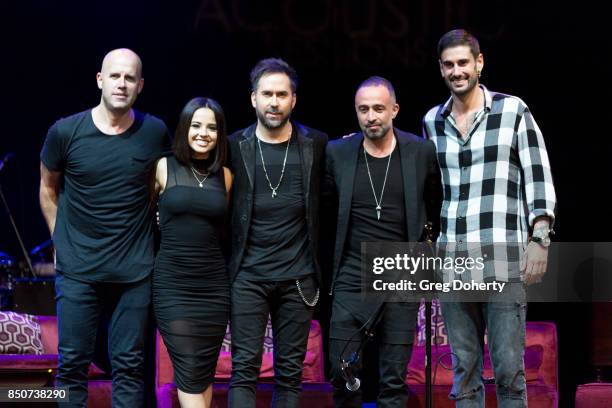 Gian Marco, Becky G, guest, Mario Domm and Melendi attend the Latin GRAMMY Acoustic Sessions With Becky G, Camila And Melendi at The Novo by...