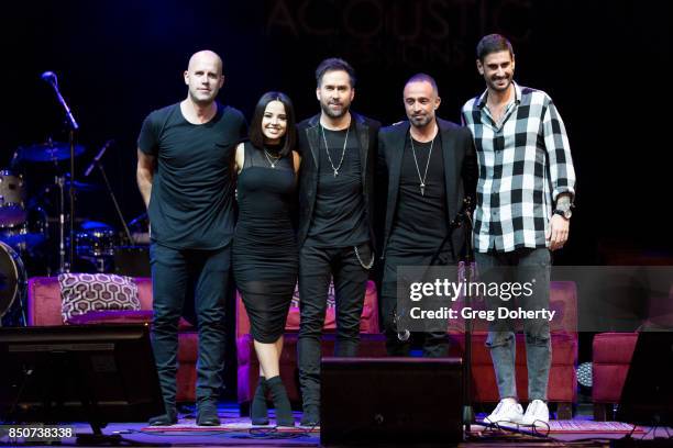 Gian Marco, Becky G, guest, Mario Domm and Melendi attend the Latin GRAMMY Acoustic Sessions With Becky G, Camila And Melendi at The Novo by...