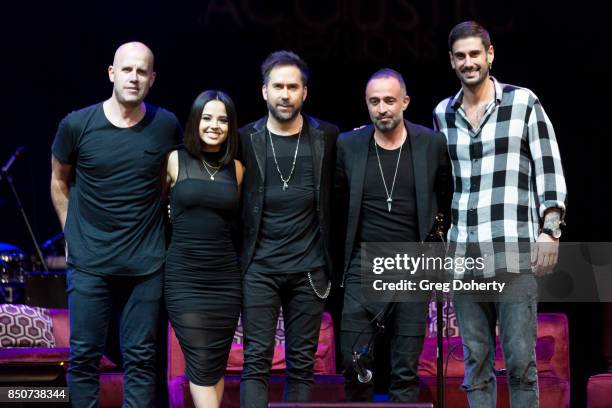 Gian Marco, Becky G, guest, Mario Domm and Melendi attend the Latin GRAMMY Acoustic Sessions With Becky G, Camila And Melendi at The Novo by...