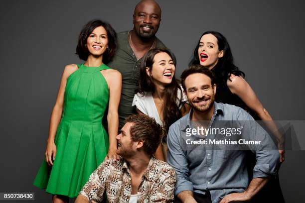 Actors Elodie Yung, Mike Colter, Jessica Henwick, Krysten Ritter, Finn Jones and Charlie Cox from Marvel's The Defenders are photographed for...
