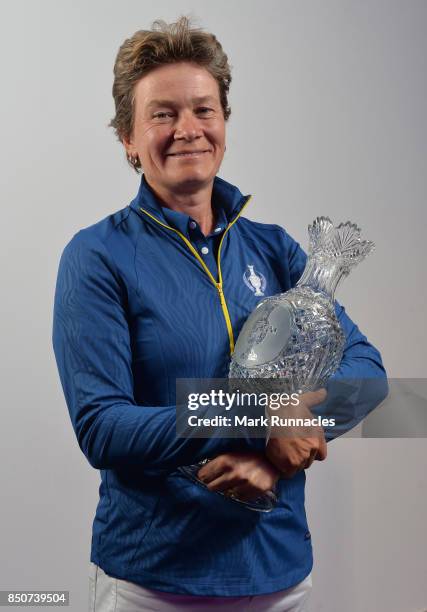 Catriona Matthew of Scotland poses as she is announced as the European Team Captain for the 2019 Solheim Cup to be held at Gleneagles during a press...