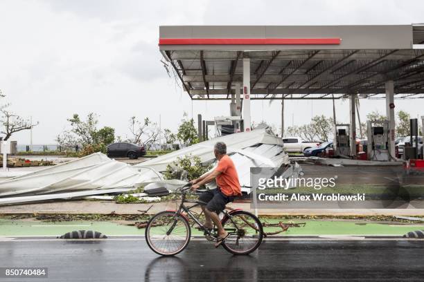 Damaged gas station the day after Hurricane Maria made landfall on September 21, 2017 in San Juan, Puerto Rico. The majority of the island has lost...
