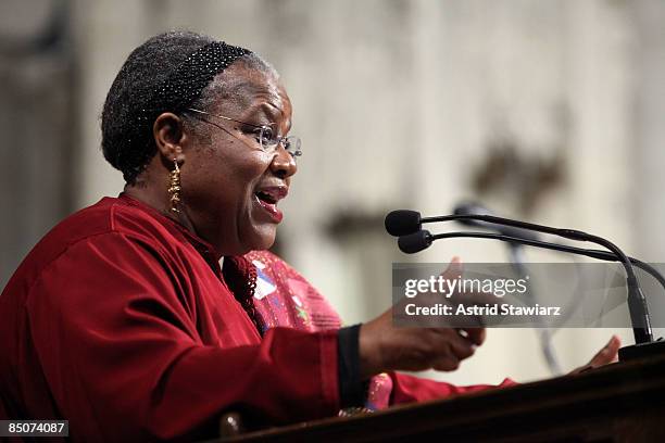 Bernice Johnson Reagon attends the memorial celebration for Odetta at Riverside Church on February 24, 2009 in New York City.