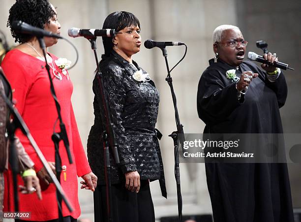 Musical group Sweet Honey in the Rock perform at the memorial celebration for Odetta at Riverside Church on February 24, 2009 in New York City.