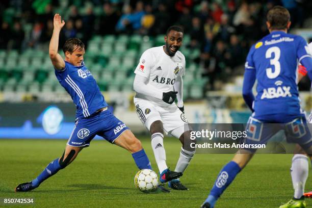 Eric Larsson of GIF Sundsvall and Henok Goitom of AIK during the Allsvenskan match between GIF Sundsvall and AIK at Norrporten Arena on September 21,...