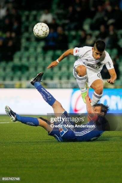 Nicolas Stefanelli of AIK and Eric Larsson of GIF Sundsvall during the Allsvenskan match between GIF Sundsvall and AIK at Norrporten Arena on...