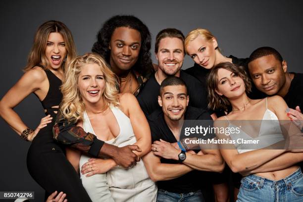 Actors Juliana Harkavy, Emily Bett Rickards, Echo Kellum, Stephen Amell, Rick Gonzalez, Katie Cassidy, Willa Holland and David Ramsey from Arrow are...