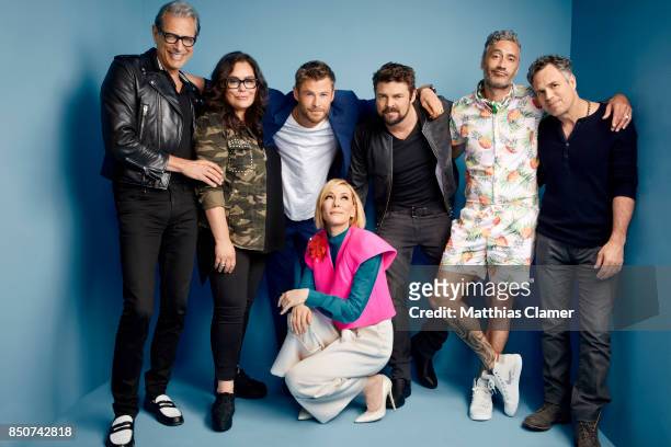 Actors Jeff Goldblum, Rachel House, Chris Hemsworth, Cate Blanchett, Karl Urban, director Taika Waititi and Mark Ruffalo from Thor: Ragnarok are...