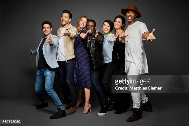 Actors Jeremy Jordan, Chris Wood, Melissa Benoist, David Harewood, Katie McGrath, Odette Annable and Mehcad Brooks from Supergirl are photographed...