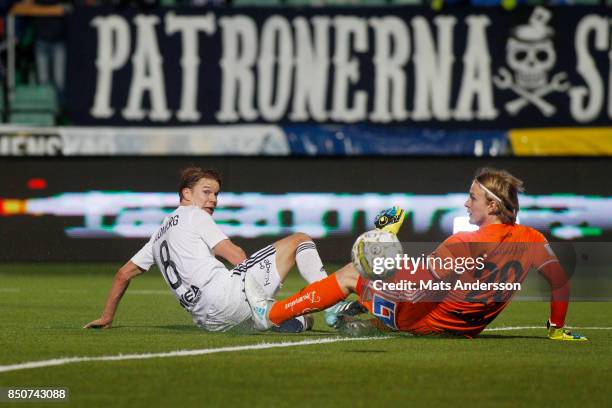 Johan Blomberg of AIK and William Eskelinen, goalkeeper of GIF Sundsvallduring the Allsvenskan match between GIF Sundsvall and AIK at Norrporten...