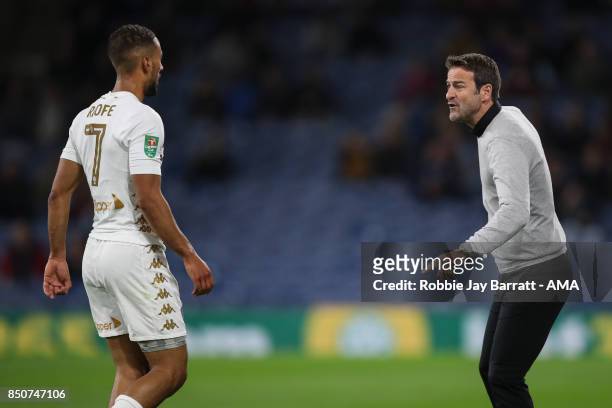 Kemar Roofe of Leeds United and Thomas Christiansen manager / head coach of Leeds United during the Carabao Cup Third Round match between Burnley and...