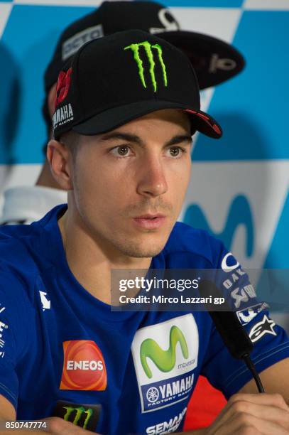 Maverick Vinales of Spain and Movistar Yamaha MotoGP speaks during the press conference during the MotoGP of Aragon - Previews at Motorland Aragon...