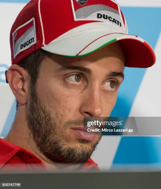 Andrea Dovizioso of Italy and Ducati Team looks on during the press conference during the MotoGP of Aragon - Previews at Motorland Aragon Circuit on...