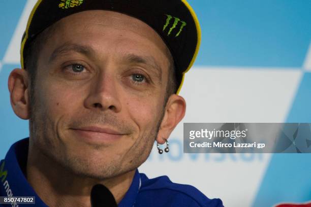 Valentino Rossi of Italy and Movistar Yamaha MotoGP smiles during the press conference during the MotoGP of Aragon - Previews at Motorland Aragon...