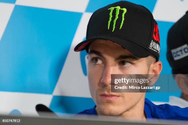 Maverick Vinales of Spain and Movistar Yamaha MotoGP looks on during the press conference during the MotoGP of Aragon - Previews at Motorland Aragon...